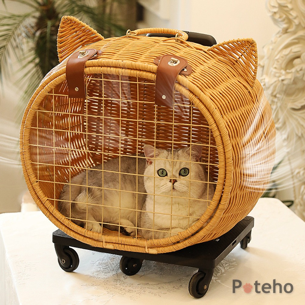 Rattan Plaited Articles Pet Carrier with Rolling Wheels by Poteho